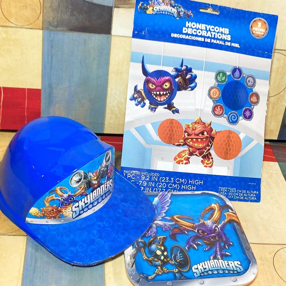 SKYLANDERS PARTY SUPPLIES - PARTY HATS , HONEYCOMB DECORATIONS , & PLATES SKY LA